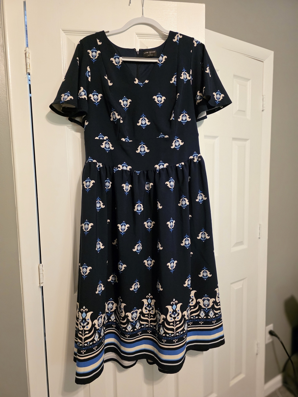 Lane Bryant Navy Blue Printed Fit-and-Flare Dress - Size 16